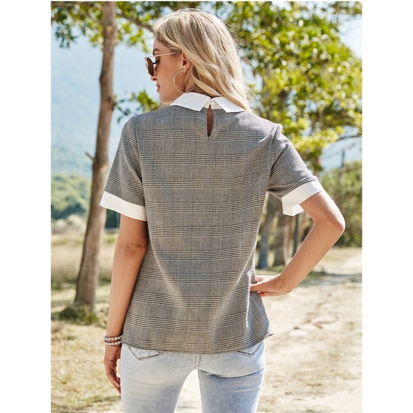 Gray Houndstooth Plaid Blouse Shirt White Collar - Picture 3 of 15